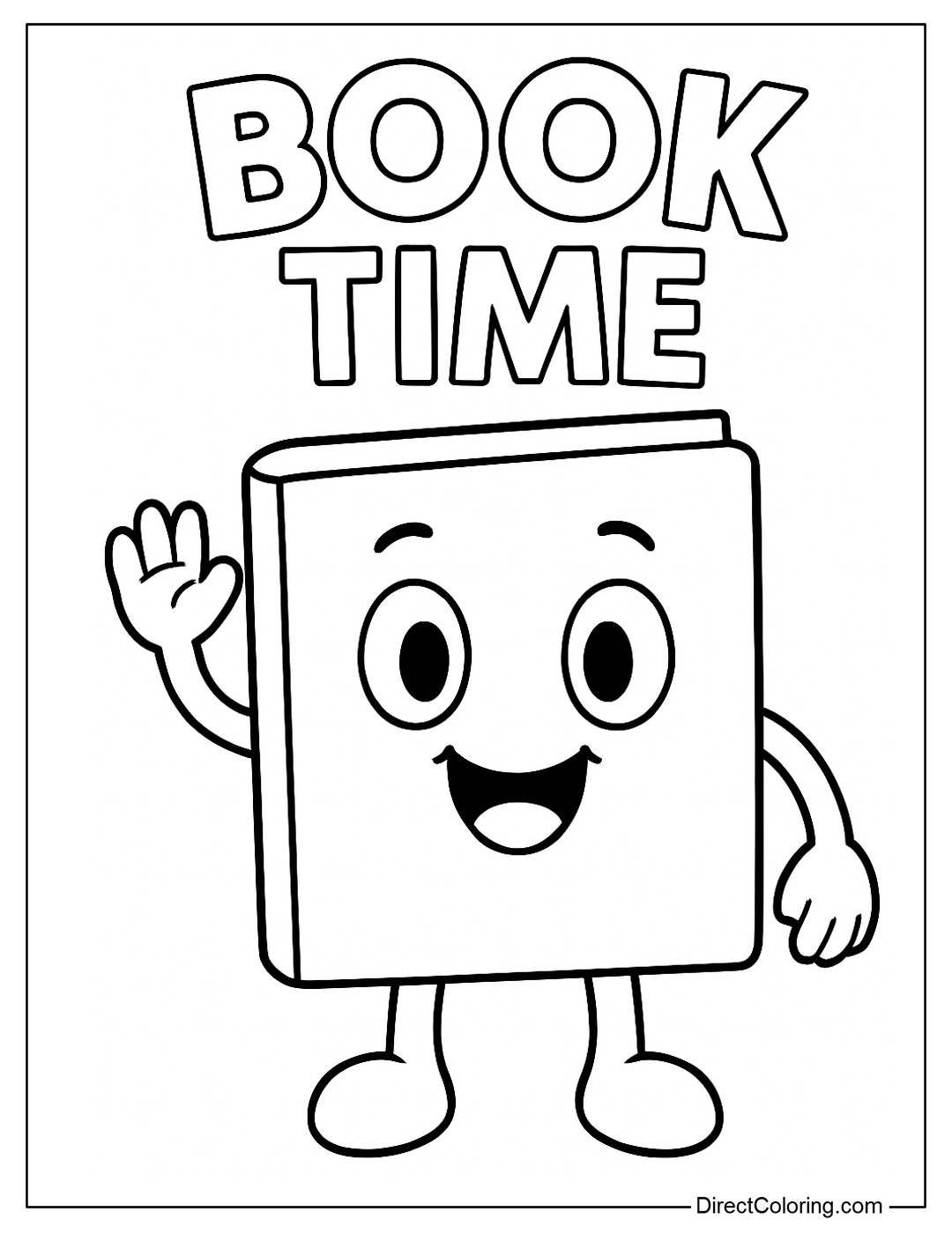 Coloring page of a book with smiling arms and legs, with the words 